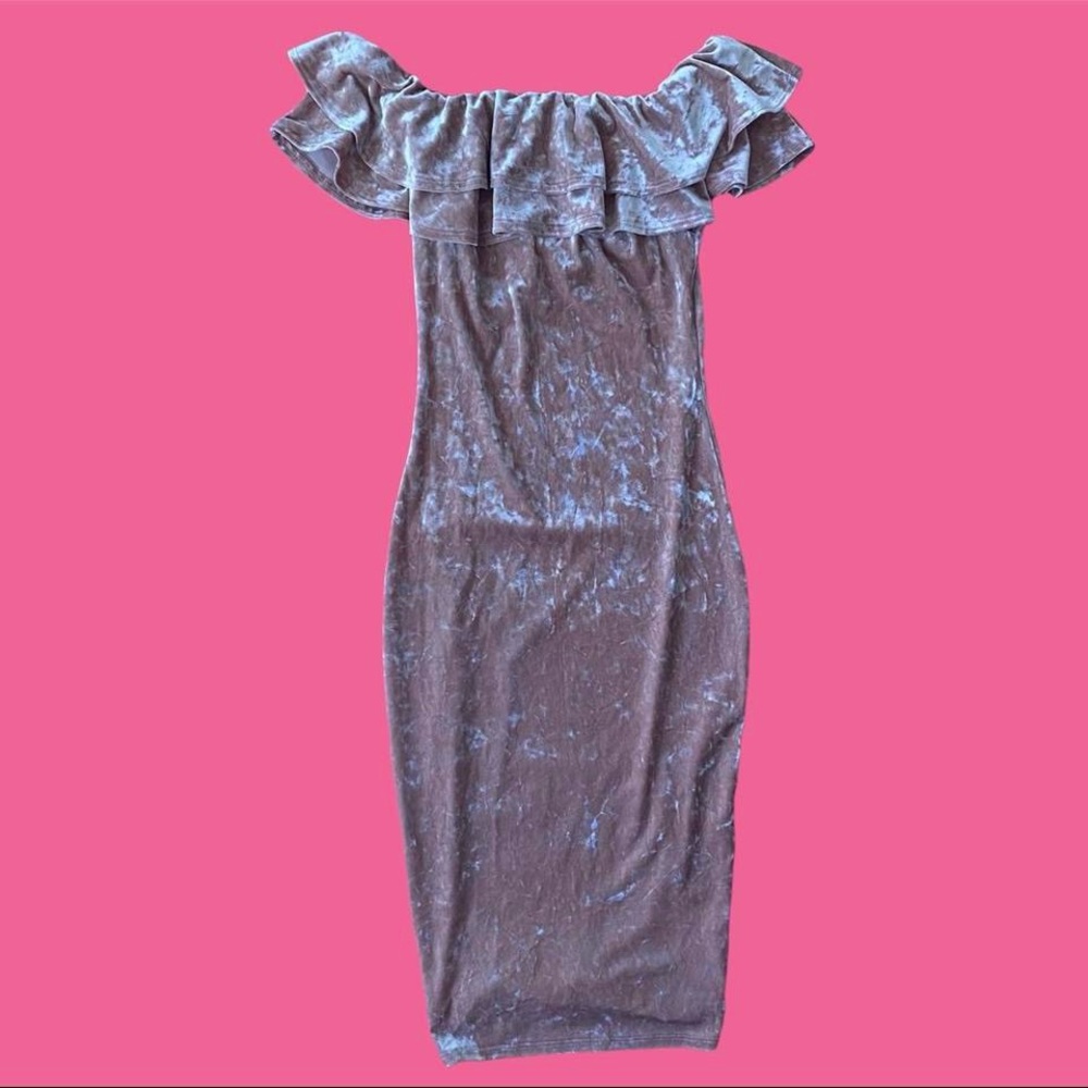 mauve off the shoulder suede midi dress